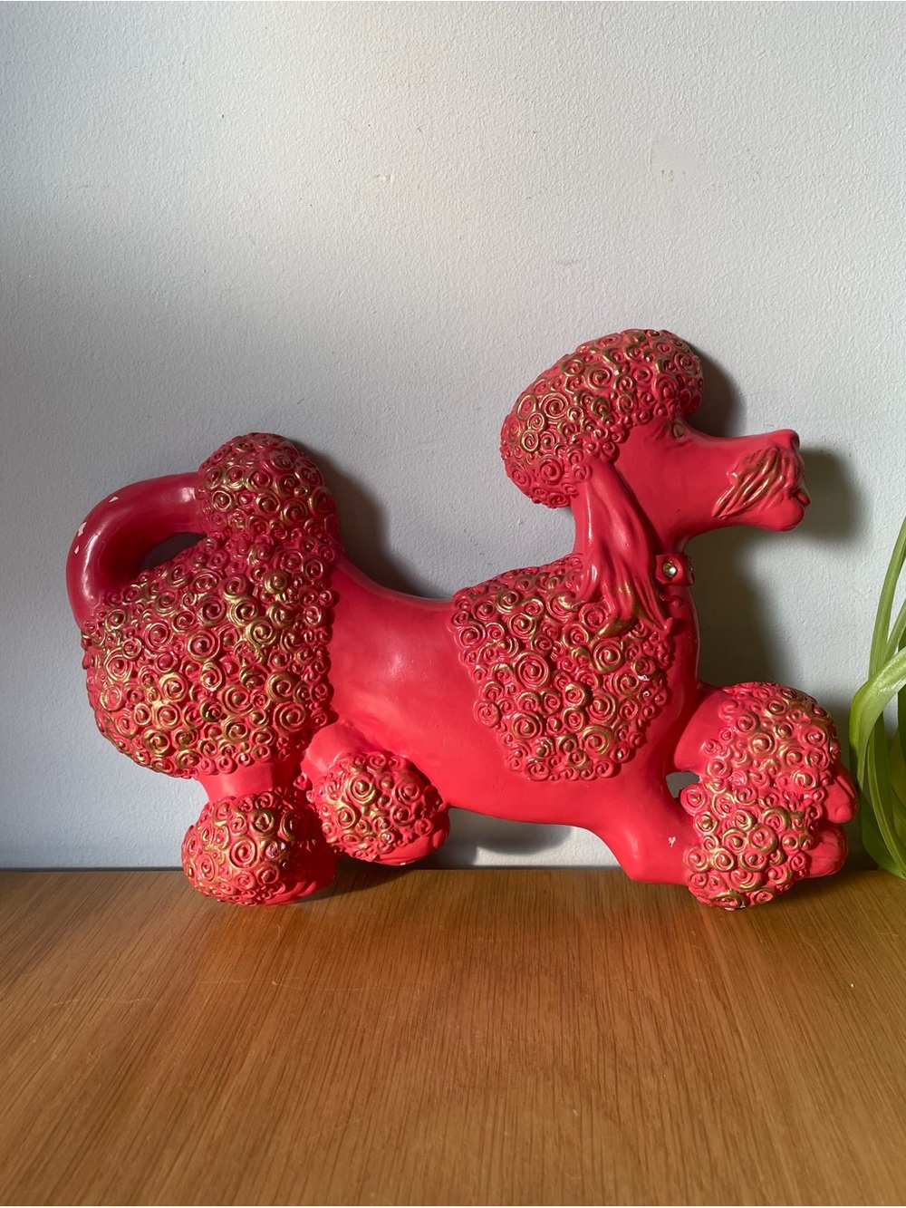 Vintage MCM Pink Spaghetti Poodle Rhinestone Chalkware Wall Plaque 1950s 1960s